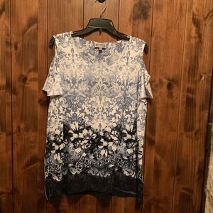 JM Collection Blue and White Cold Shoulder Blouse